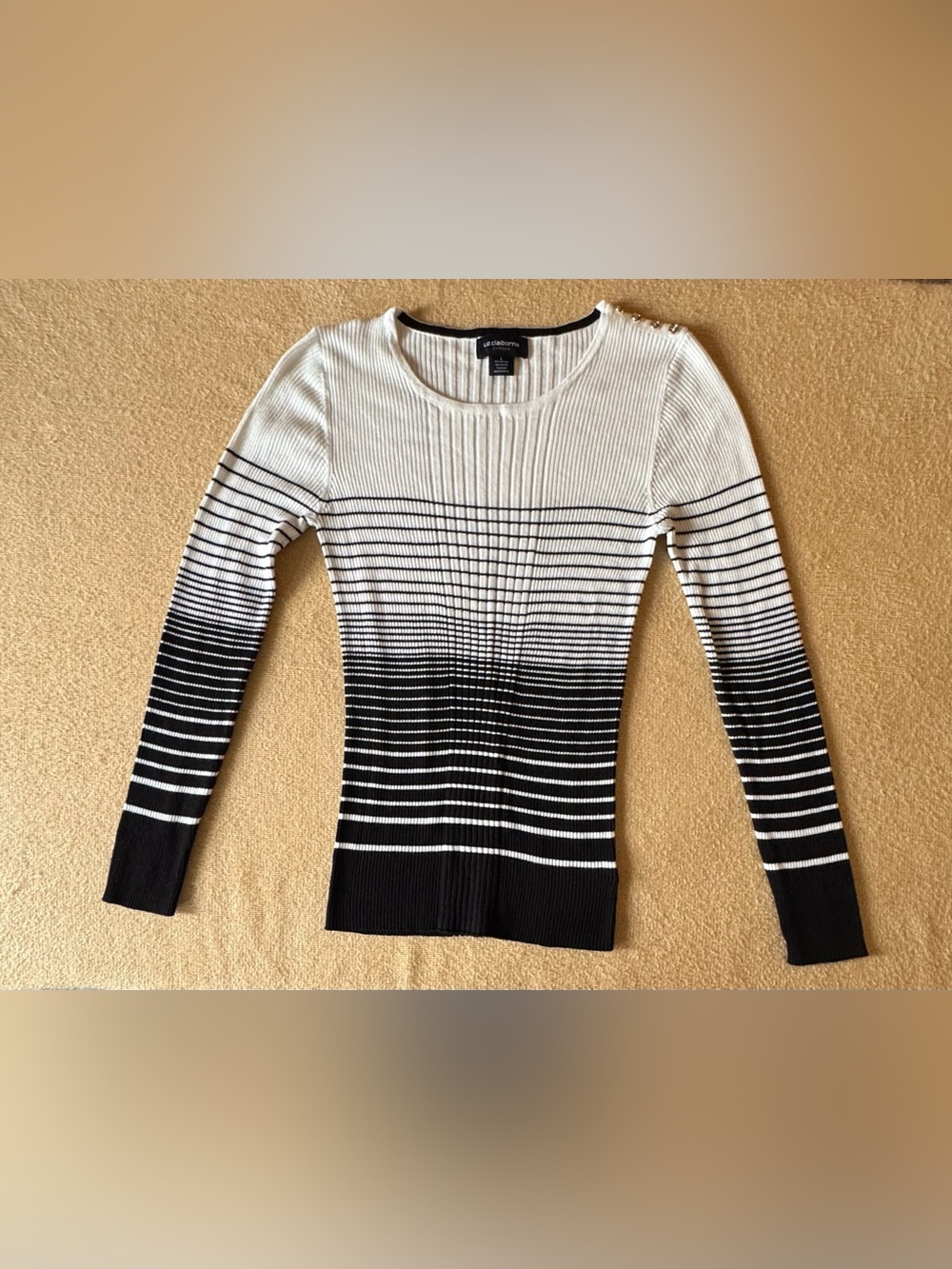 Liz Claiborne Black and White Gradient Stripe Crewneck Sweater